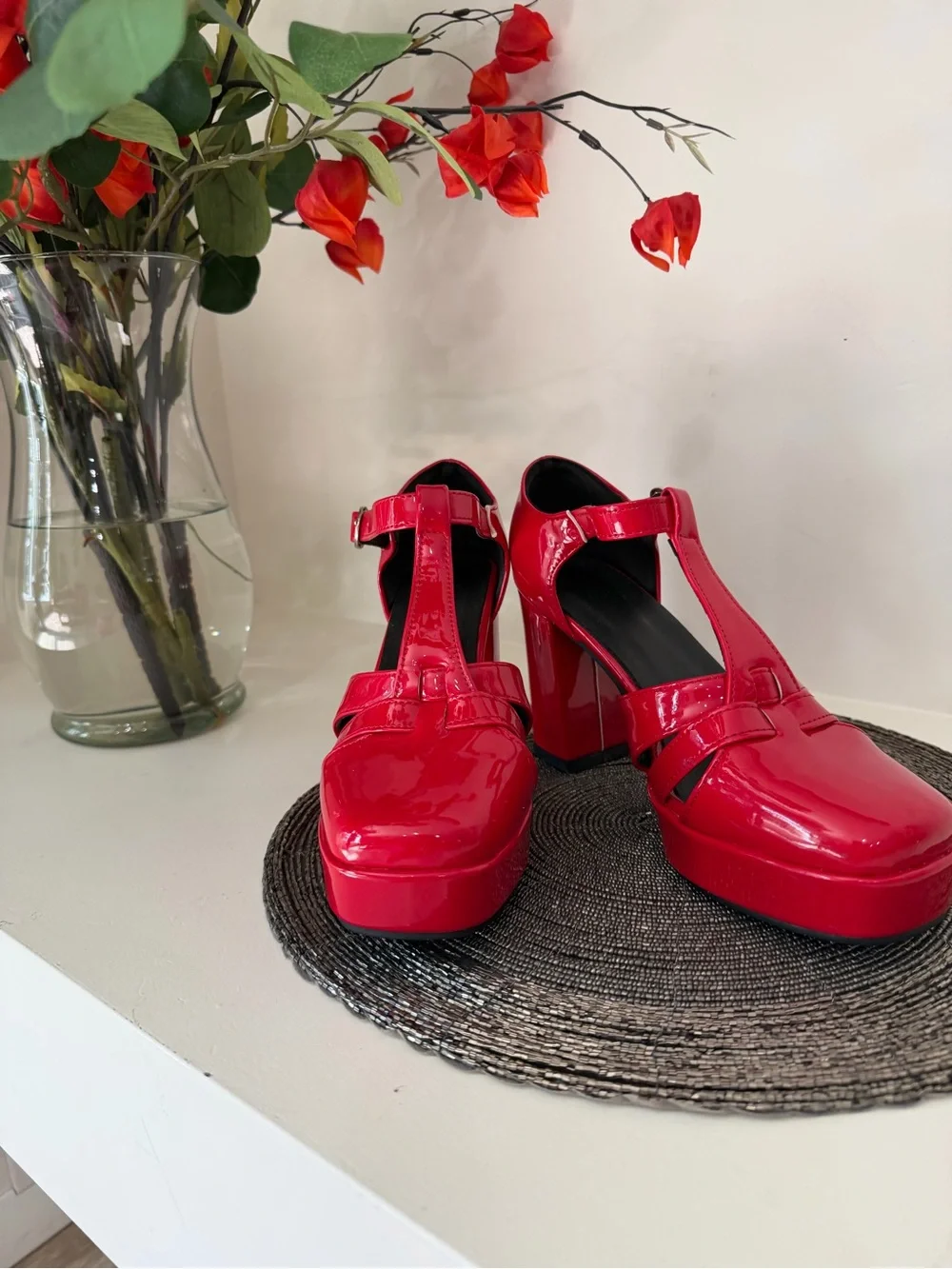 Patent Red T-Strap Platform Heels with Ankle Buckle